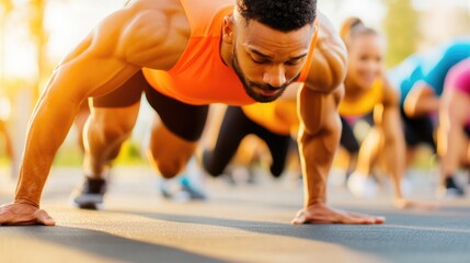 Diverse group fitness session outdoors at sunrise: strength and teamwork in morning exercise routine