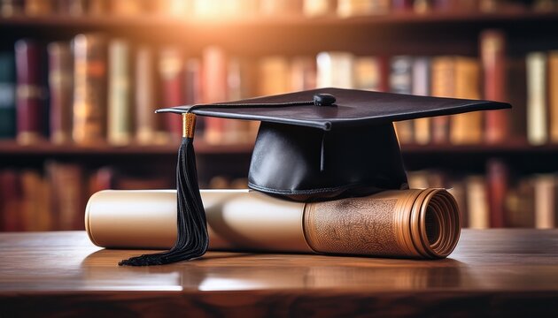 A poignant black graduation cap and diploma resting on a library table, with softly blurred books in the background, representing the culmination of dedicated study.

