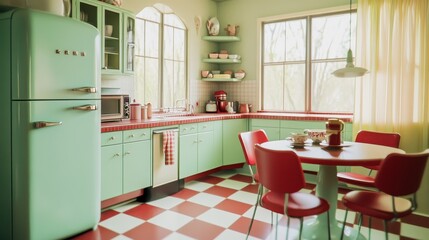 Retro kitchen interior design, mint green aesthetic, vintage appliances, cozy dining space, modern home decor, nostalgic vibes, home improvement ideas.