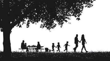 Silhouette of a family enjoying a picnic under a large tree.
