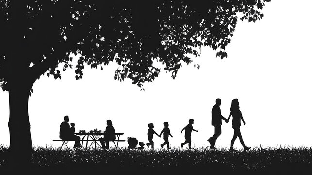 Silhouette of a family enjoying a picnic under a large tree. - Powered by Adobe