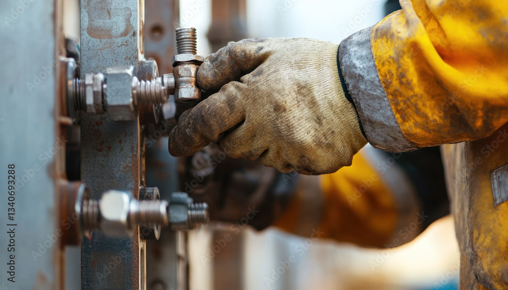 Aufkleber a worker in a yellow jacket tightens bolts on a metal structure while performing tasks on a construc