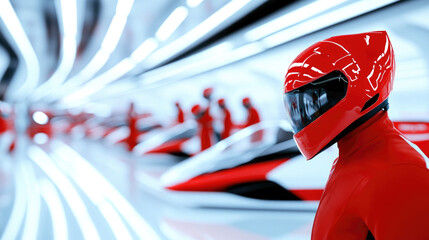 Fototapeta premium Futuristic sci-fi concept with group of red-suited people and advanced technology in sleek modern environment