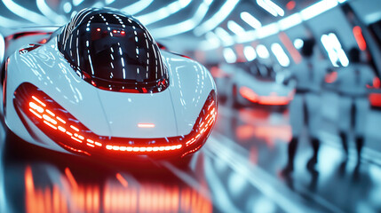 Futuristic automotive design innovation showcase with engineers in a high-tech environment