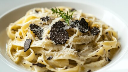 Luxurious pasta dish featuring truffle shavings, creamy sauce, and fresh herbs, meticulously plated for a high-end dining experience.
