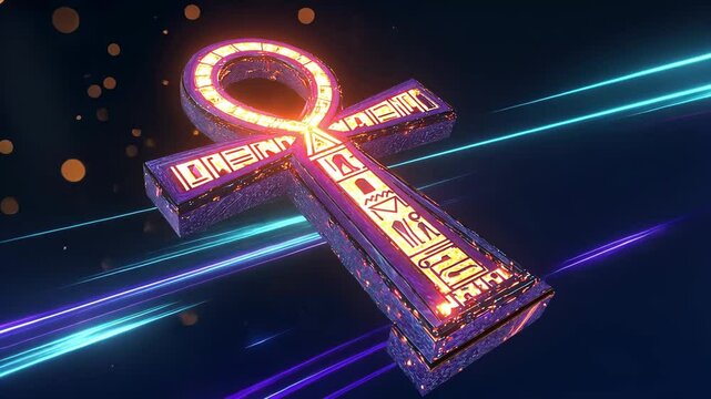 Metallic Egyptian ankh glowing with futuristic energy in space