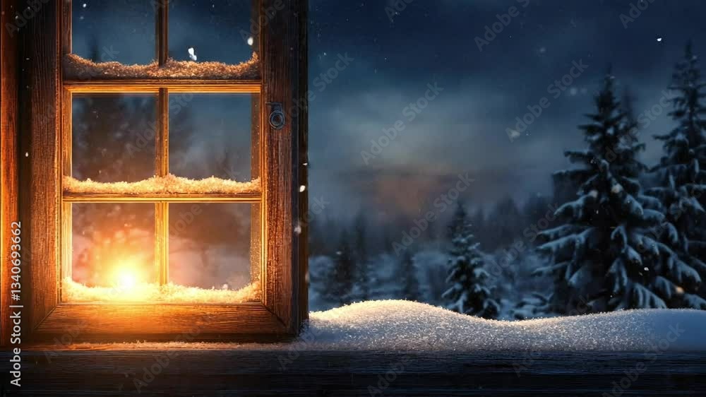 Poster A window with snow on it and a light shining through it