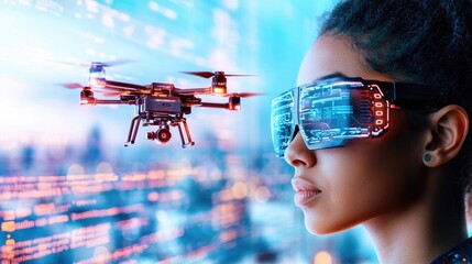 Futuristic technology concept with young woman wearing advanced ar glasses and drone interaction for innovation showcase