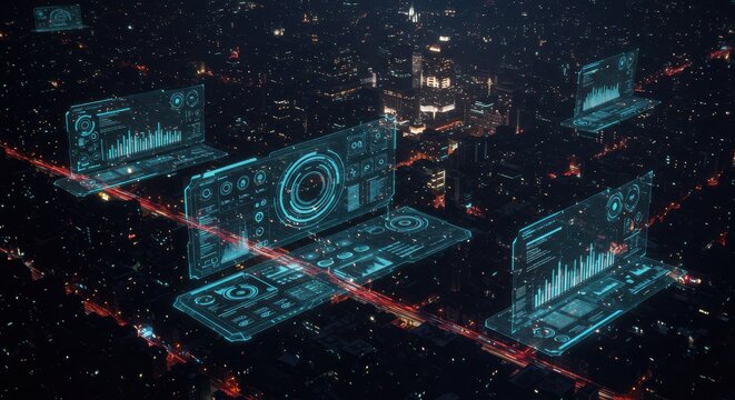 Digital Interface Hovering Over Cityscape Provides Futuristic Network Connection Overlay