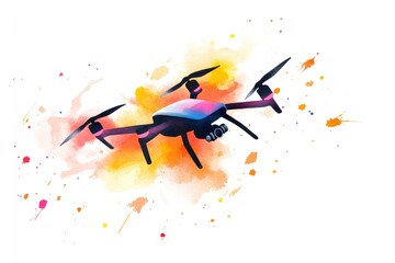 Naklejka premium Vibrant watercolor illustration of a sleek drone with colorful abstract background - design for technology themes