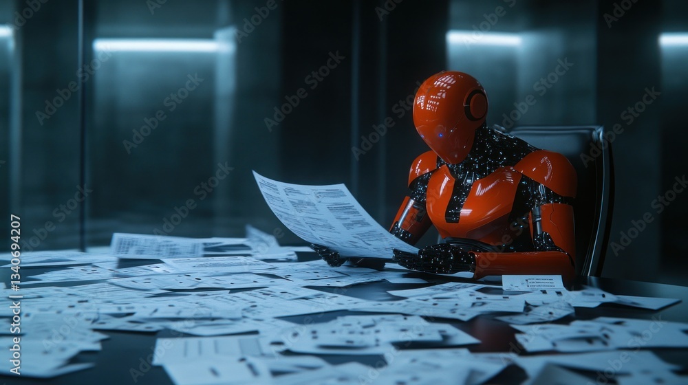 Poster cybernetic analyst: a red robot scrutinizes data amidst a sea of documents