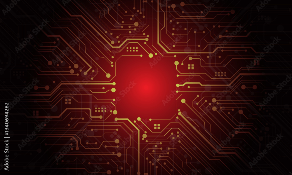 Poster Abstract yellow circuit board technology connected lines electronics elements computer motherboard chip processor semiconductor digital on red background vector