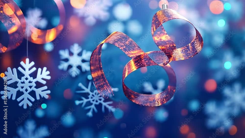Poster a blue background with a ribbon and snowflakes