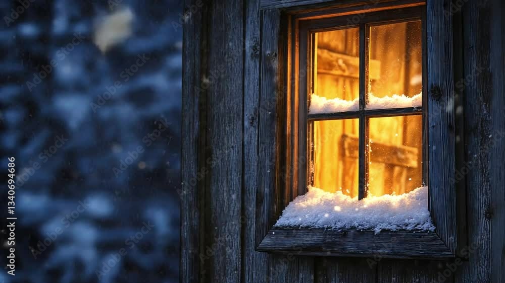 Poster A window with snow on it and a light shining through it