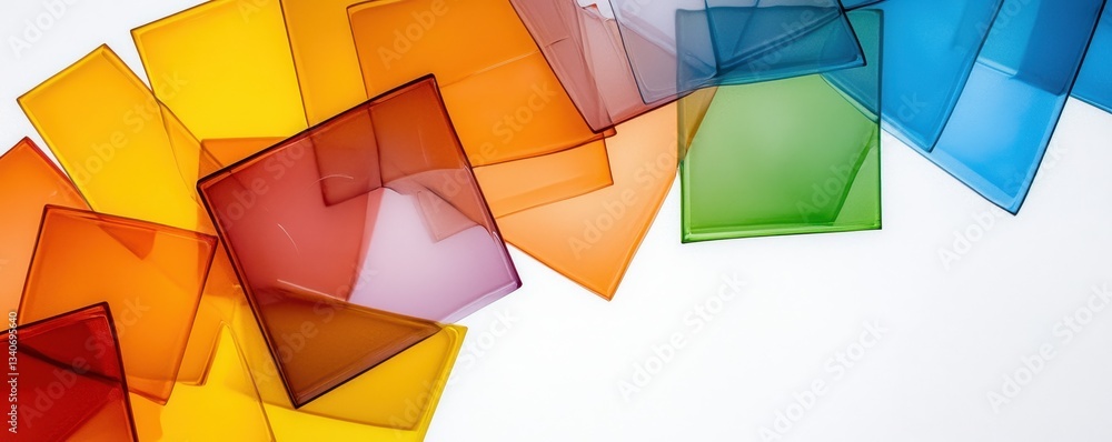Poster A vibrant arrangement of colored translucent sheets creating a dynamic visual effect against a light background.