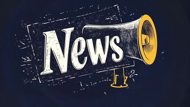  Logo, elegant style with the text "News", a megaphone, and the word written in chalk on a blackboard, solid background, vector logo for a news channel, using colors white, yellow, and grey, simple de