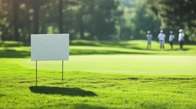 Empty Blank banner or yard sign in golf course club. blurred Golf players in the background. tournament is being played, 8k Resolution