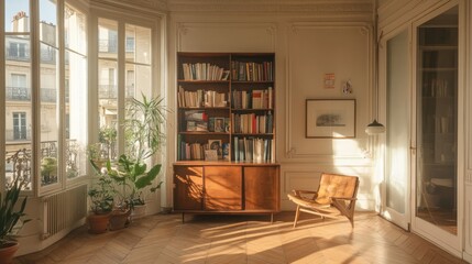 Fototapeta premium Antique wooden bookcase in a bright apartment with ceiling moldings and parquet floor.