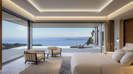 Bedroom with infinity pool in modern villa with sea view