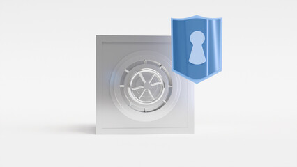 3D model of steel safe with round door and round lock and blue shield with keyhole on white background, reliable safe