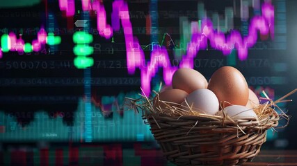 Conceptual image of a basket of eggs against vibrant stock market charts, symbolizing investment diversification and financial planning. Ideal for finance, investment, and economic content. - Powered by Adobe