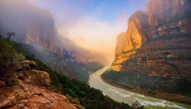 Fog is slowly rising from sumidero canyon at sunrise, revealing a breathtaking landscape