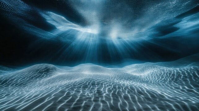Underwater sand ripples create light patterns at sunset, sunlight streams through the blue water illuminating the seabed, dark shadowy figures lurk above