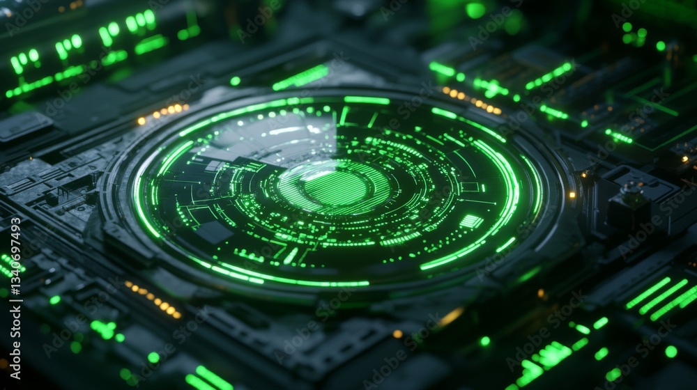 Poster futuristic green circuit board interface with glowing abstract design