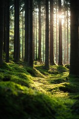 Sunlight streaming through trees in lush forest, tranquil nature path, serene outdoors, eco-friendly, Earth Day inspiration, peaceful scenery, green landscape.