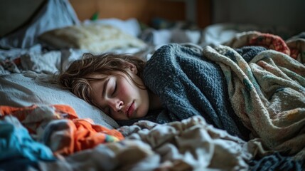 A young child resting peacefully on a bed surrounded by cozy blankets, perfect for family or nursery themed projects