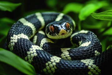 Fototapeta premium A close-up shot of a snake coiled around a plant, great for wildlife or nature-themed uses