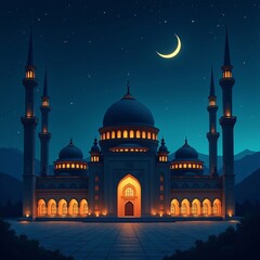 The Blue Mosque in Istanbul, Turkey, a landmark of Ottoman architecture with its iconic minarets and dome, presents a stunning religious view against the night sky