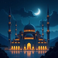 The Blue Mosque in Istanbul, Turkey, a landmark of Ottoman architecture with its iconic minarets and dome, presents a stunning religious view against the night sky