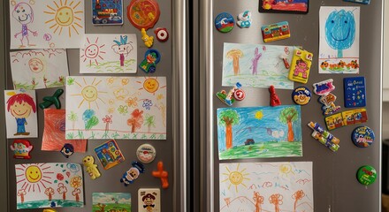 Drawings and Magnets Decorate a Refrigerator Door Featuring Childlike Artwork