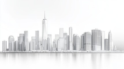 Naklejka premium Minimalist monochromatic skyline rendering showcasing cityscape and water reflection