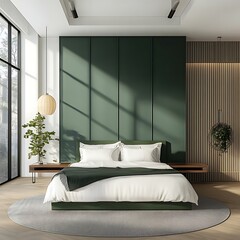 Modern bedroom with green accent wall and minimalist decor. Ai Generate  