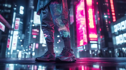 Fototapeta premium Person Standing on Street at Night with Neon City Lights