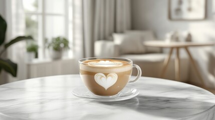 Obraz premium Cappuccino in a glass cup, featuring intricate latte art in the shape of a heart