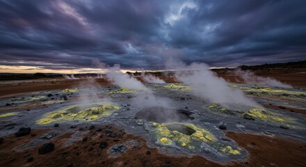 Fototapeta premium Steaming Geothermal Landscape Under Dramatic Sky with Yellow Mineral Deposits