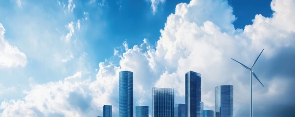 Fototapeta premium A modern city skyline featuring tall buildings under a bright blue sky with fluffy clouds and a wind turbine in the foreground.