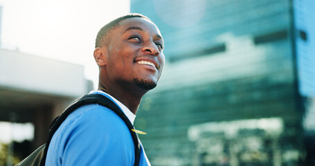 Happy, black man and thinking student in city for medical study, planning and healthcare opportunity. Smile, person or morning commute of learning internship, academic scholarship and nursing program