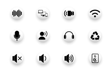 Solid vector icon set with audio, recording, headphone, speaker, wireless connection icons.