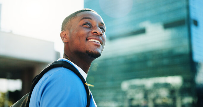 Happy, black man and thinking student in city for medical study, planning and healthcare opportunity. Smile, person or morning commute of learning internship, academic scholarship and nursing program