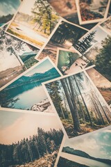Fototapeta premium Vintage travel photographs, nature landscapes, memories of adventures, outdoor exploration, scenic views, summer vacations, nostalgic moments, timeless memories.