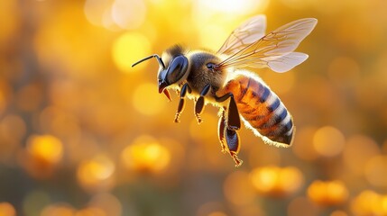 Fototapeta premium Honeybee in flight over yellow flowers