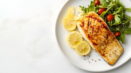 Grilled fish fillet served with lemon and fresh salad