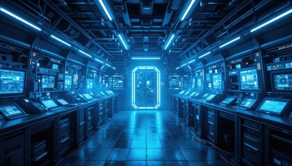 Futuristic control room displaying advanced technology equipment high-tech laboratory digital environment immersive perspective innovation showcase