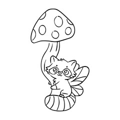 cute raccoon sitting on mushroom illustration