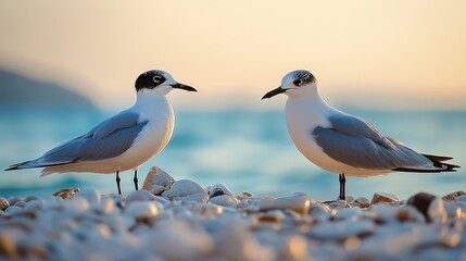 Fototapeta premium Sandwich Tern (Thalasseus sandvicensis) and Black-headed Gull on the beach, Montenegro --ar 16:9
