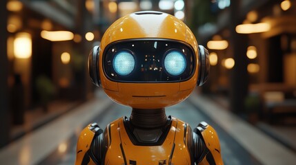 Yellow robot with glowing blue eyes in indoor setting